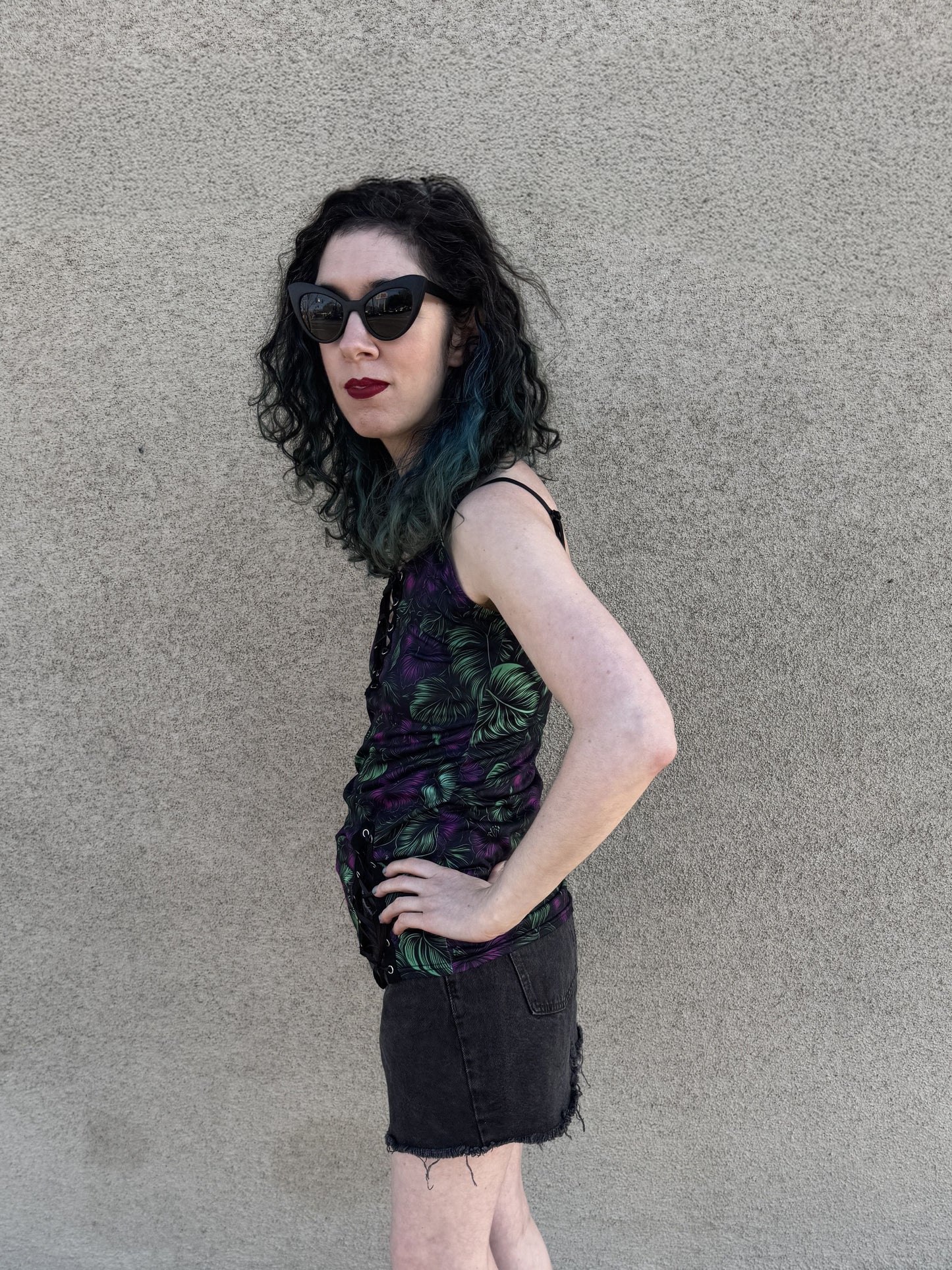 Midnight Bloom Lace up Cami Tank