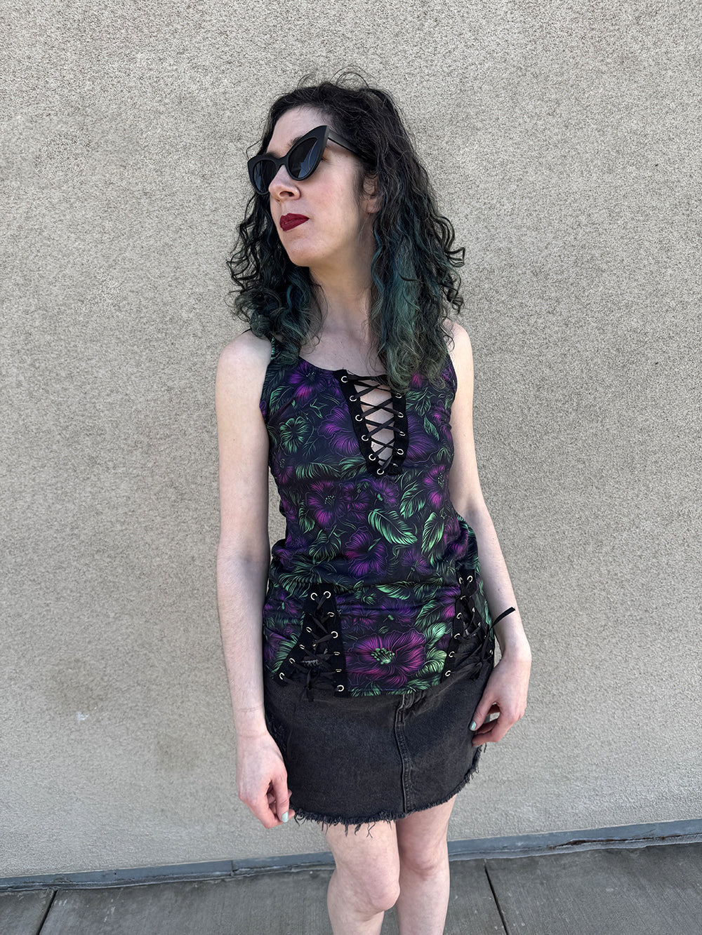 Midnight Bloom Lace up Cami Tank